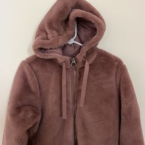 Athleta Faux Fur Teddy Dusty Rose Pink Zip up Hooded Jacket Size S